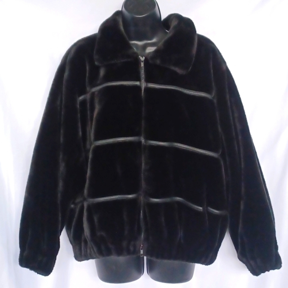 CASSINI Black Faux Fur Fuzzy Bomber Jacket, super soft, zip-up, leather trim